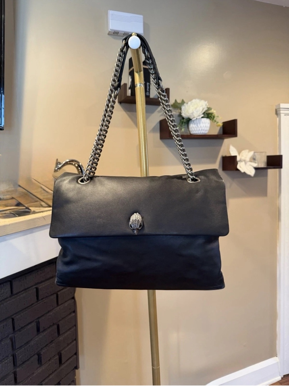 Kurt Geiger Black Leather Shoulder Bag with Silver Chain